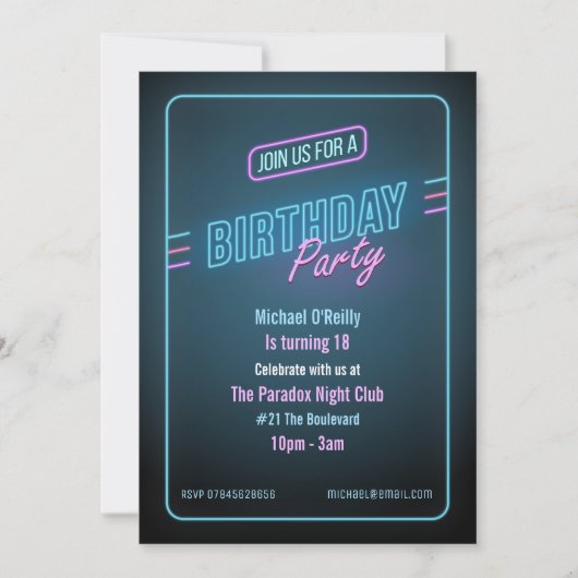 Invitation d'anniversaire de Blue Neon (Devant)