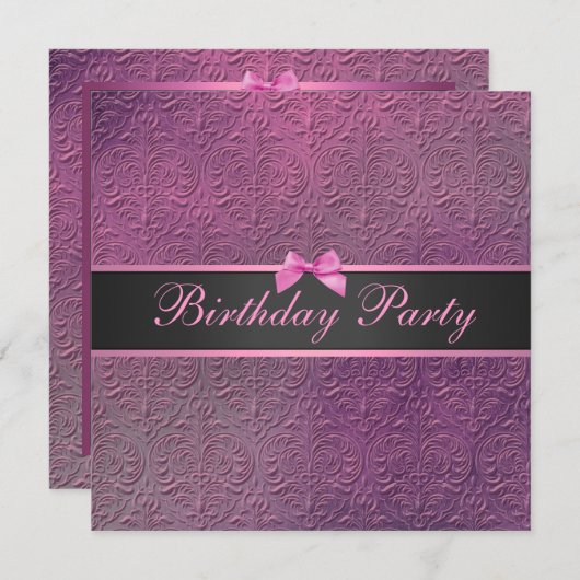 Invitation d'anniversaire de Bow & Pink Damask (Devant / Derrière)