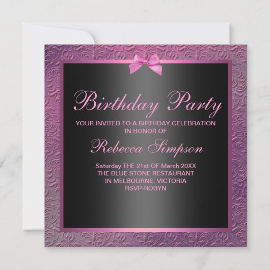 Invitation d'anniversaire de Bow & Pink Damask (Dos)