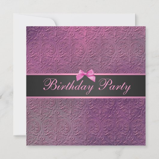 Invitation d'anniversaire de Bow & Pink Damask (Devant)