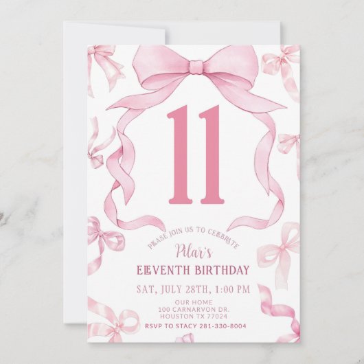 Invitation d'anniversaire de Bow rose, Filles 11e  (Devant)