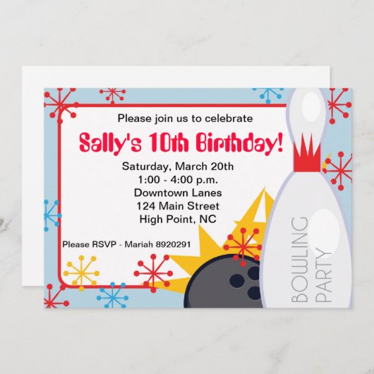 Invitation d'anniversaire de bowling (Devant / Derrière)