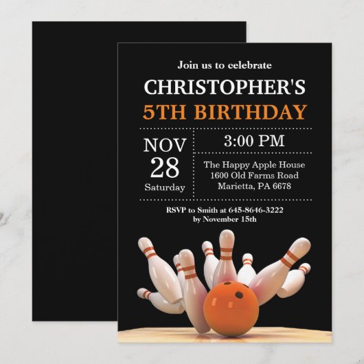 Invitation d'anniversaire de Bowling Anniversaire (Devant / Derrière)