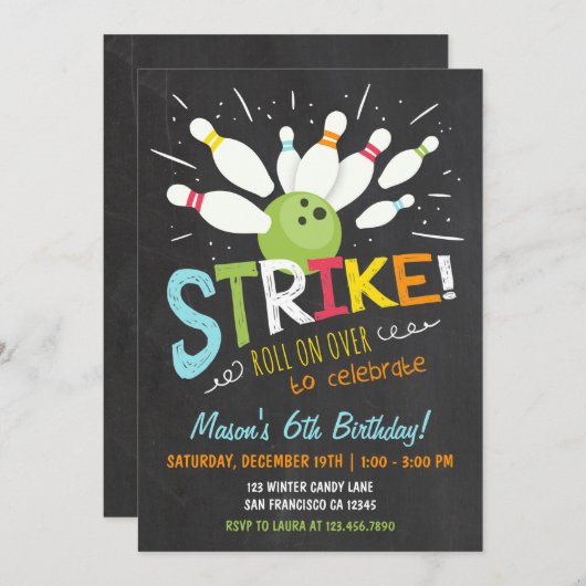 Invitation d'anniversaire de Bowling Blue Orange B (Devant / Derrière)