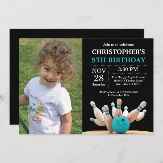 Invitation d'anniversaire de Bowling Fête d'annive (Devant / Derrière)