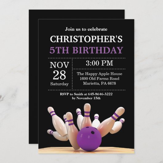 Invitation d'anniversaire de Bowling Fête d'annive (Devant / Derrière)