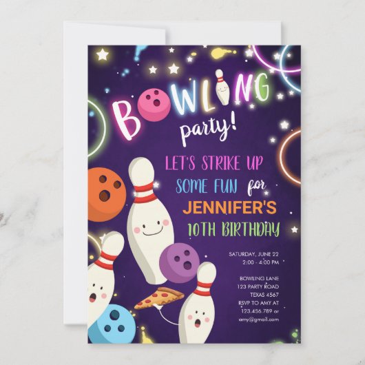 Invitation d'anniversaire de Bowling Glow Neon Dis (Devant)