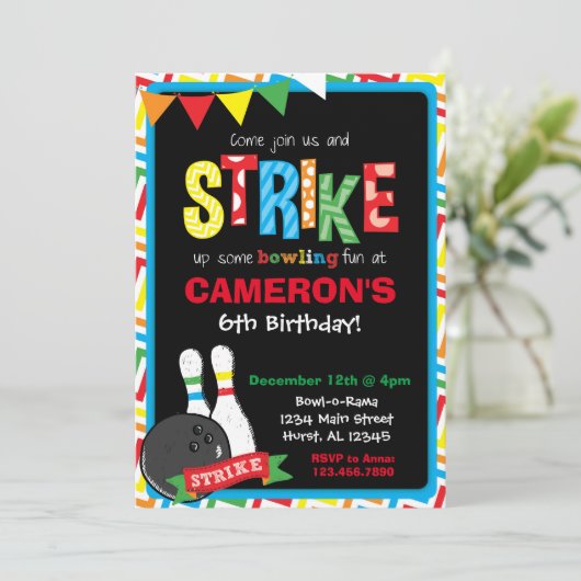 Invitation d'anniversaire de bowling, tableau de b (Debout devant)