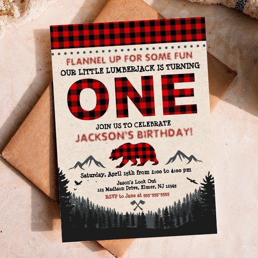 Invitation d'anniversaire de bûcheron à carreaux d