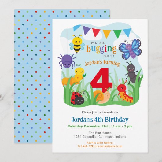 Invitation d'anniversaire de bugs, jolie fête de b (Devant / Derrière)