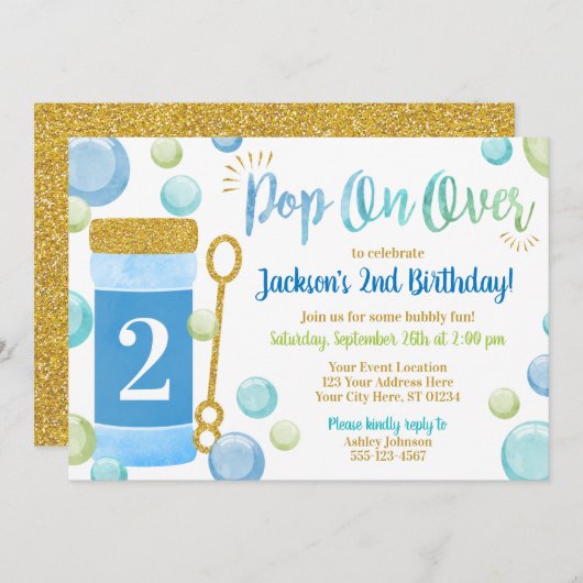 Invitation d'anniversaire de bulle | Aquarelle, bl (Devant / Derrière)