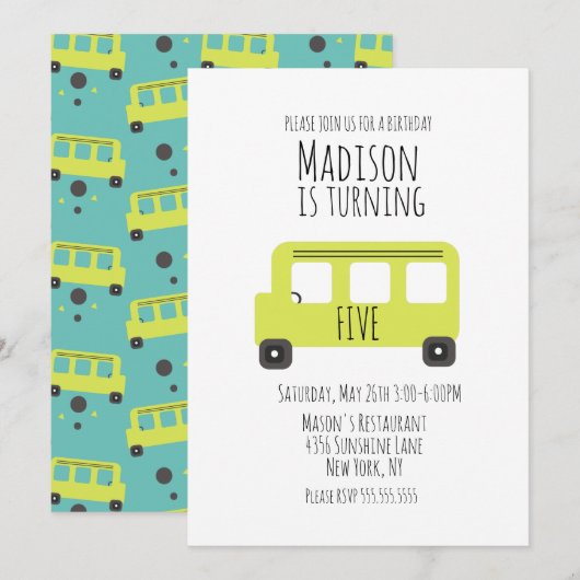 Invitation d'anniversaire de bus pour tout âge (Devant / Derrière)