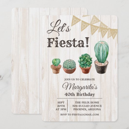Invitation d'anniversaire de cactus de fête pour t (Devant / Derrière)
