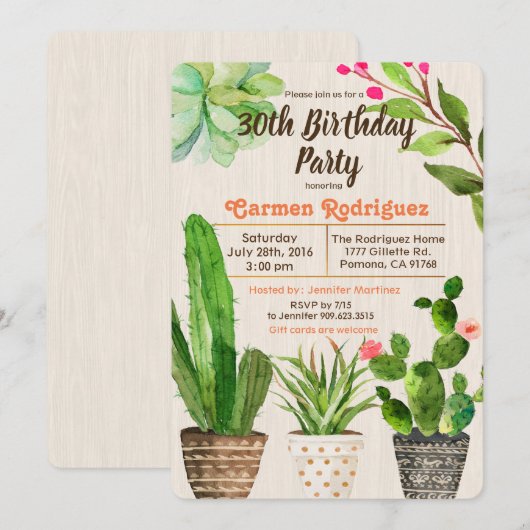 Invitation d'anniversaire de cactus succulent pour (Devant / Derrière)
