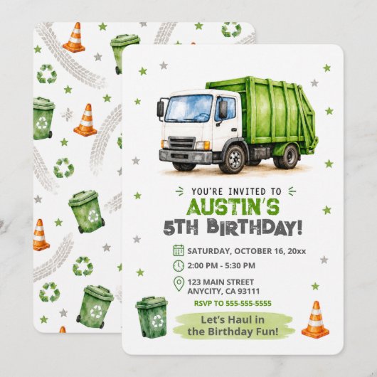 Invitation d'anniversaire de camion à ordures | Fê (Devant / Derrière)