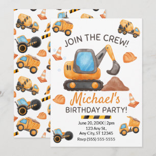 Invitation d'anniversaire de camion de constructio