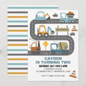Invitation d'anniversaire de camion de constructio (Devant / Derrière)