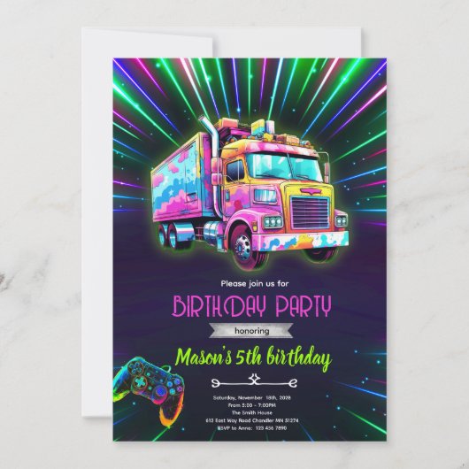 Invitation d'anniversaire de camion de jeu néon Gl (Devant)