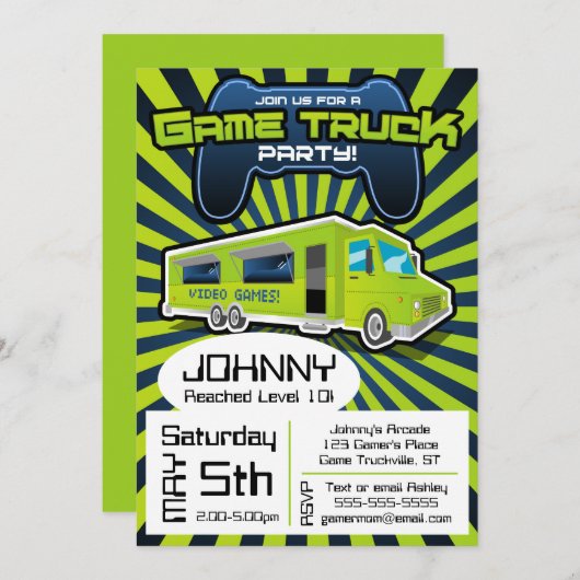 Invitation d'anniversaire de camion de jeu vidéo (Devant / Derrière)