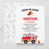 Invitation d'anniversaire de camion de pompier de  (Devant / Derrière)