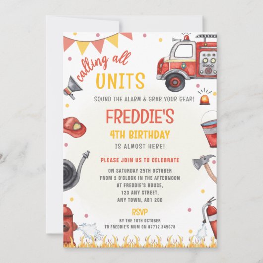 Invitation d'anniversaire de camion de pompiers - (Devant)