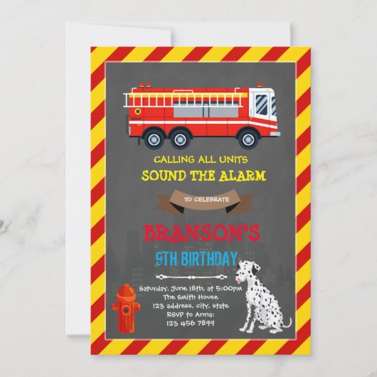 Invitation d'anniversaire de camion de pompiers et (Devant)