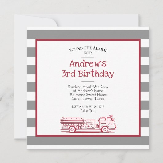 Invitation d'anniversaire de camion de pompiers ro (Devant)