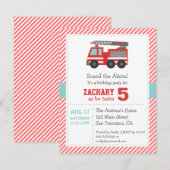Invitation d'anniversaire de camion de pompiers ro (Devant / Derrière)