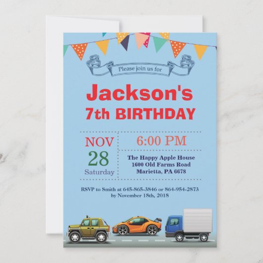 Invitation d'anniversaire de camion de voiture de (Devant)