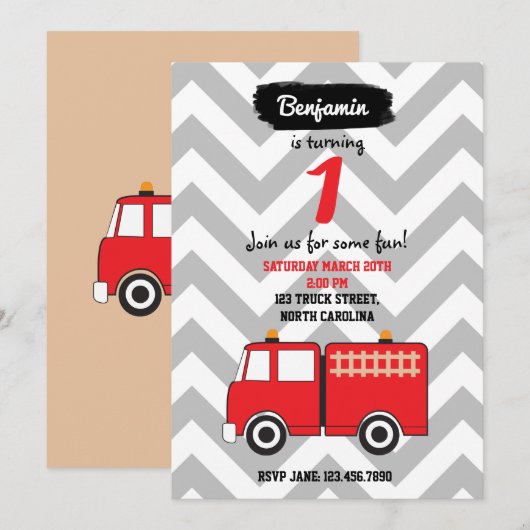 Invitation d'anniversaire de Camion d'incendie rou (Devant / Derrière)