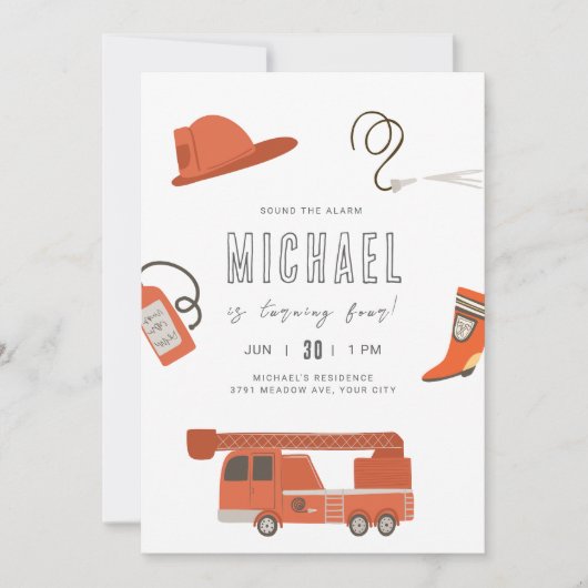 Invitation d'anniversaire de camion-feu (Devant)