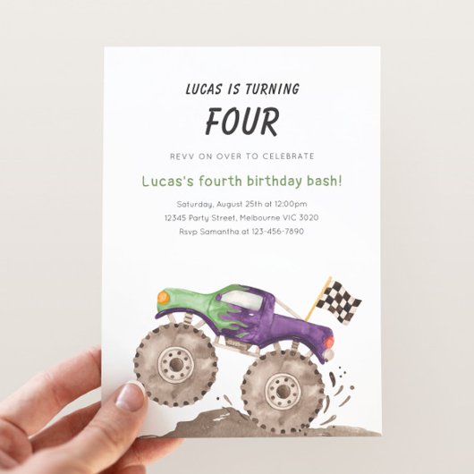 Invitation d'anniversaire de camion monstre violet