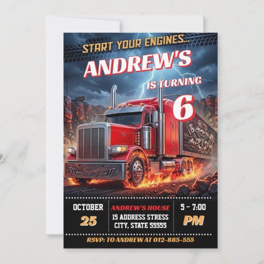 Invitation d'anniversaire de camion semi-remorque (Devant)