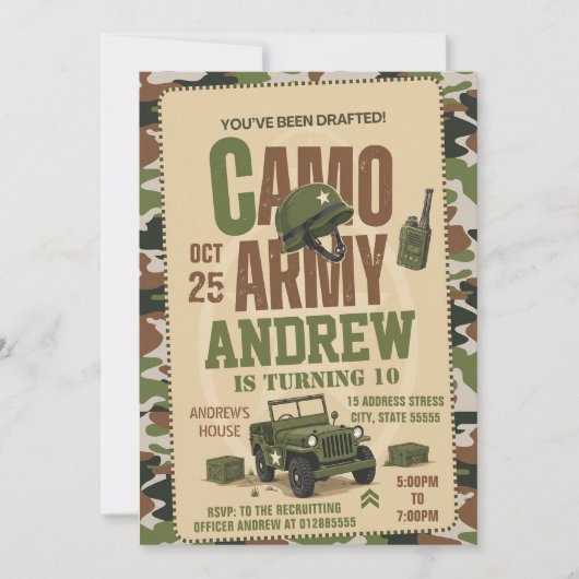 Invitation d'anniversaire de camouflage militaire (Devant)