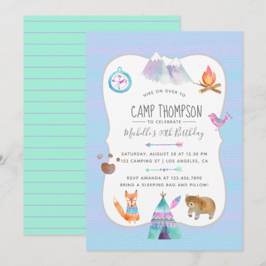Invitation d'anniversaire de camping à l'aquarelle (Devant / Derrière)