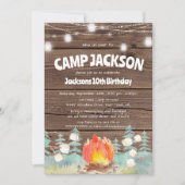 Invitation d'anniversaire de camping en bois rusti (Devant)