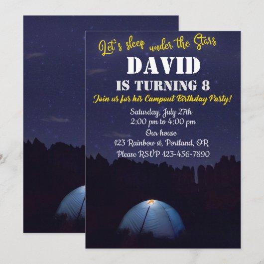 Invitation d'anniversaire de camping invitation de (Devant / Derrière)
