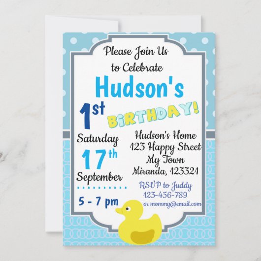Invitation d'anniversaire de canard en caoutchouc (Devant)