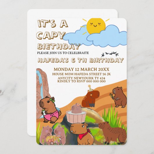 Invitation d'anniversaire de Capybara, Gir rose fl (Devant / Derrière)
