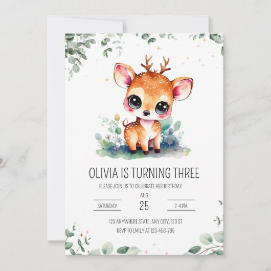 Invitation d'anniversaire de cerfs, Animaux forest (Devant)