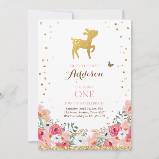 invitation d'anniversaire de cerfs Floral Woodland (Devant)