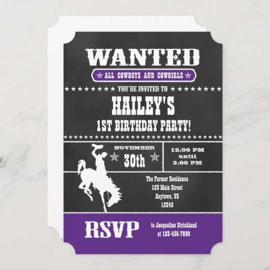 Invitation d'anniversaire de Chalkboard pourpre (Devant / Derrière)