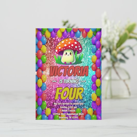 Invitation d'anniversaire de champignons pour enfa (Debout devant)