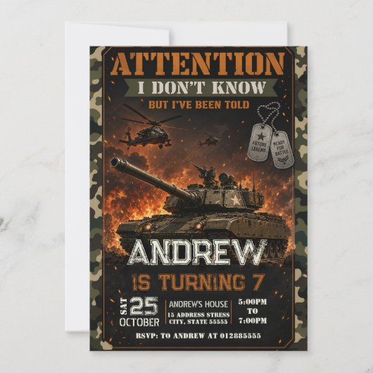 Invitation d'anniversaire de char militaire person (Devant)