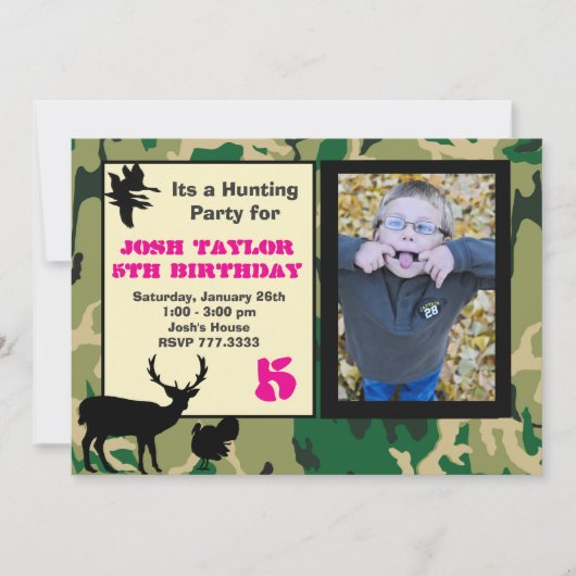 Invitation d'anniversaire de chasse avec camouflag (Devant)