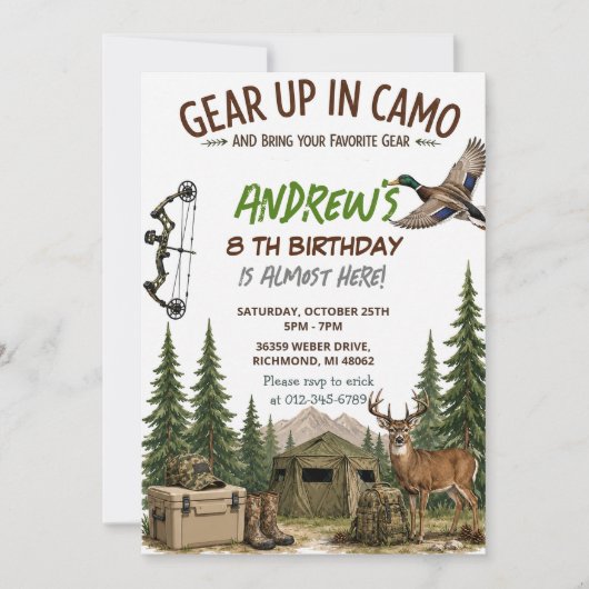 Invitation d'anniversaire de chasse garçon camoufl (Devant)