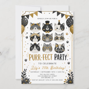Invitation d'anniversaire de chat en or noir