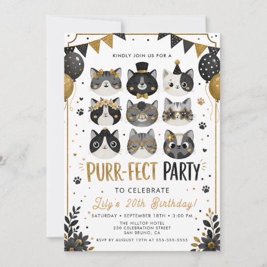 Invitation d'anniversaire de chat en or noir (Devant)