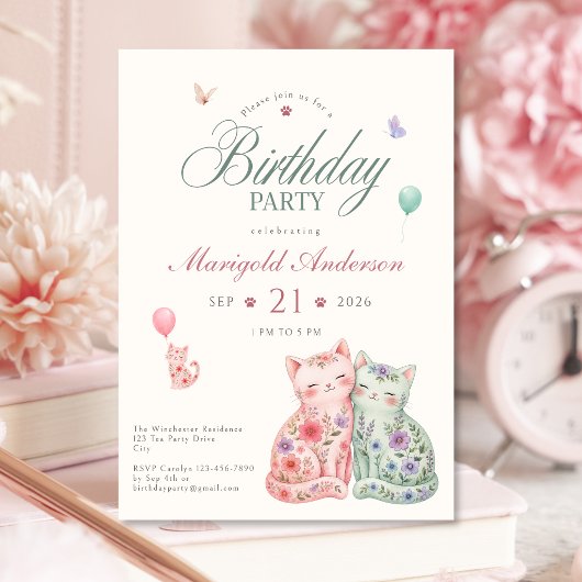 Invitation d'anniversaire de chat floral pastel po