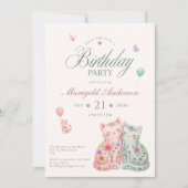 Invitation d'anniversaire de chat floral pastel po (Devant)